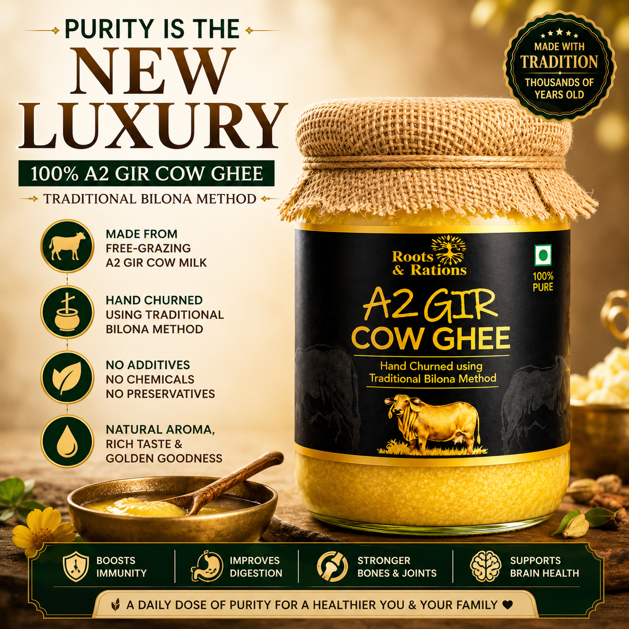 Roots & Rations A2 Gir Cow Ghee – Traditional Bilona Method, 500 ml