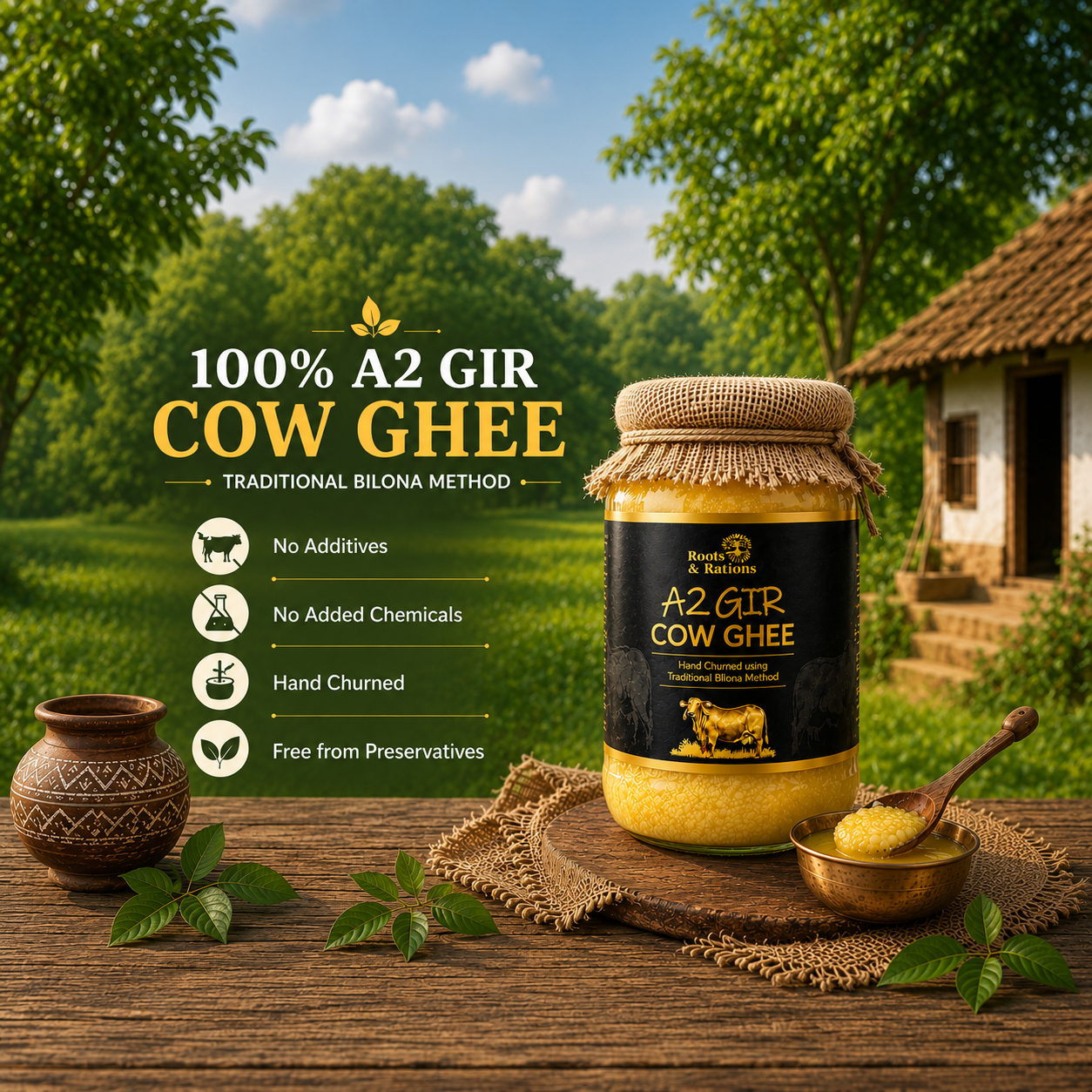 Roots & Rations A2 Gir Cow Ghee – Traditional Bilona Method, 500 ml