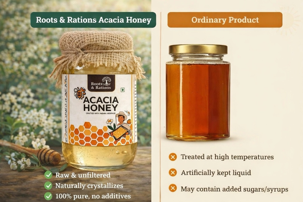 Roots & Rations Wild Acacia Honey – No Added Sugar, 500 ml