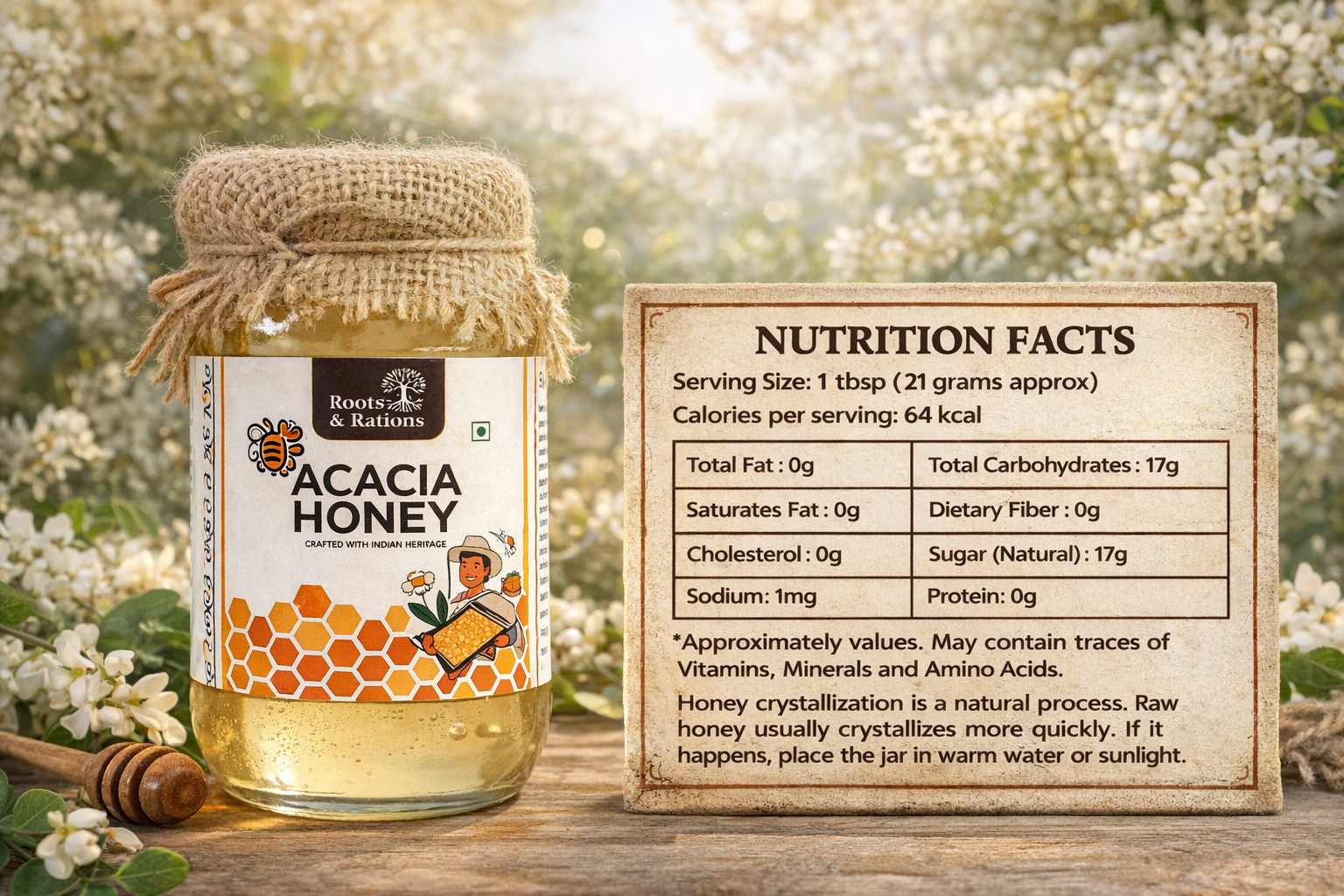 Roots & Rations Wild Acacia Honey – No Added Sugar, 500 ml