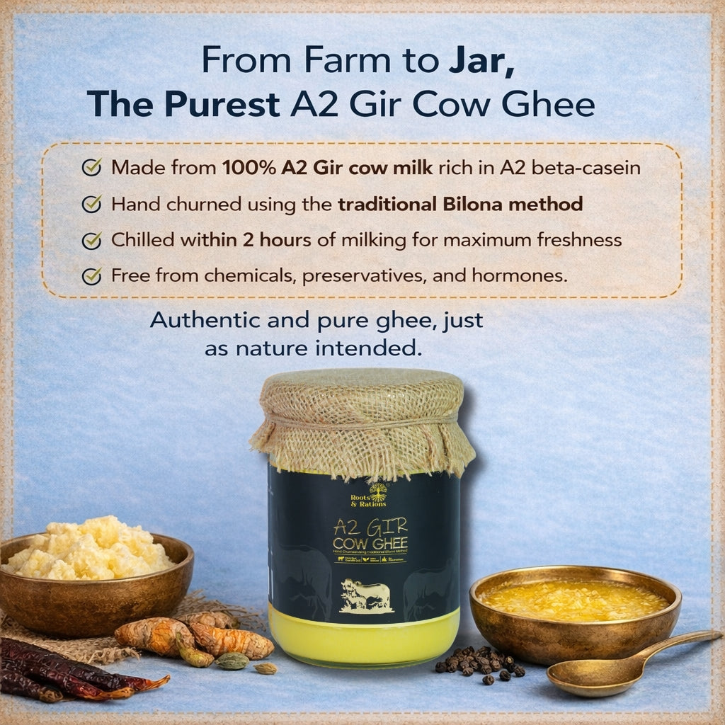 Roots & Rations A2 Gir Cow Ghee – Traditional Bilona Method, 500 ml